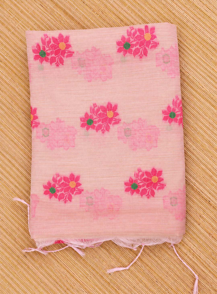 Beige Kota Saree With Pink Floral Border