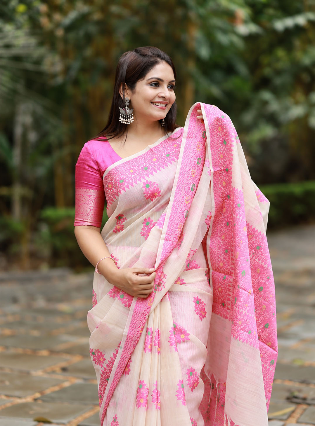Beige Kota Saree With Pink Floral Border
