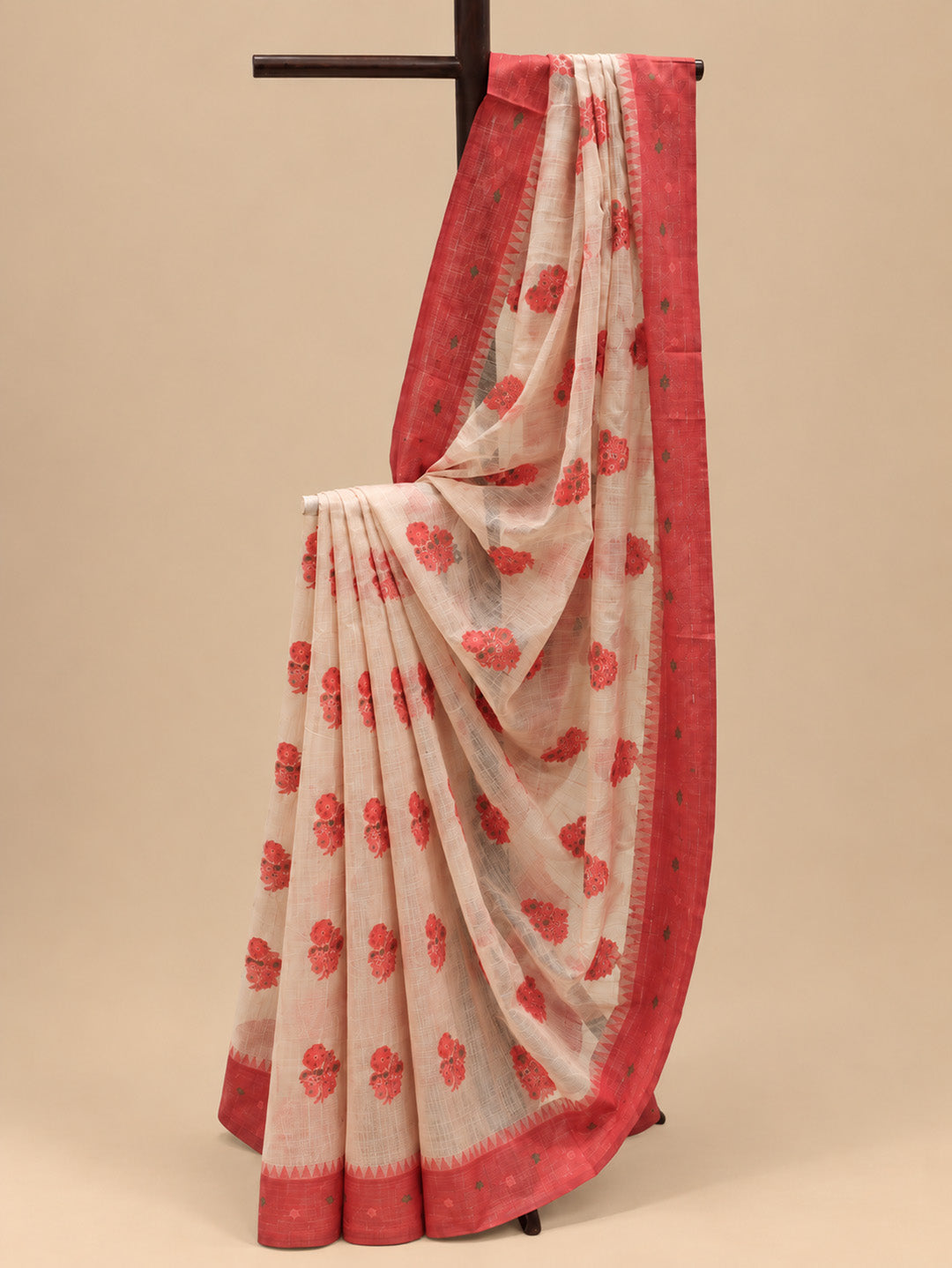 Beige Kota Saree With Red Floral Motifs