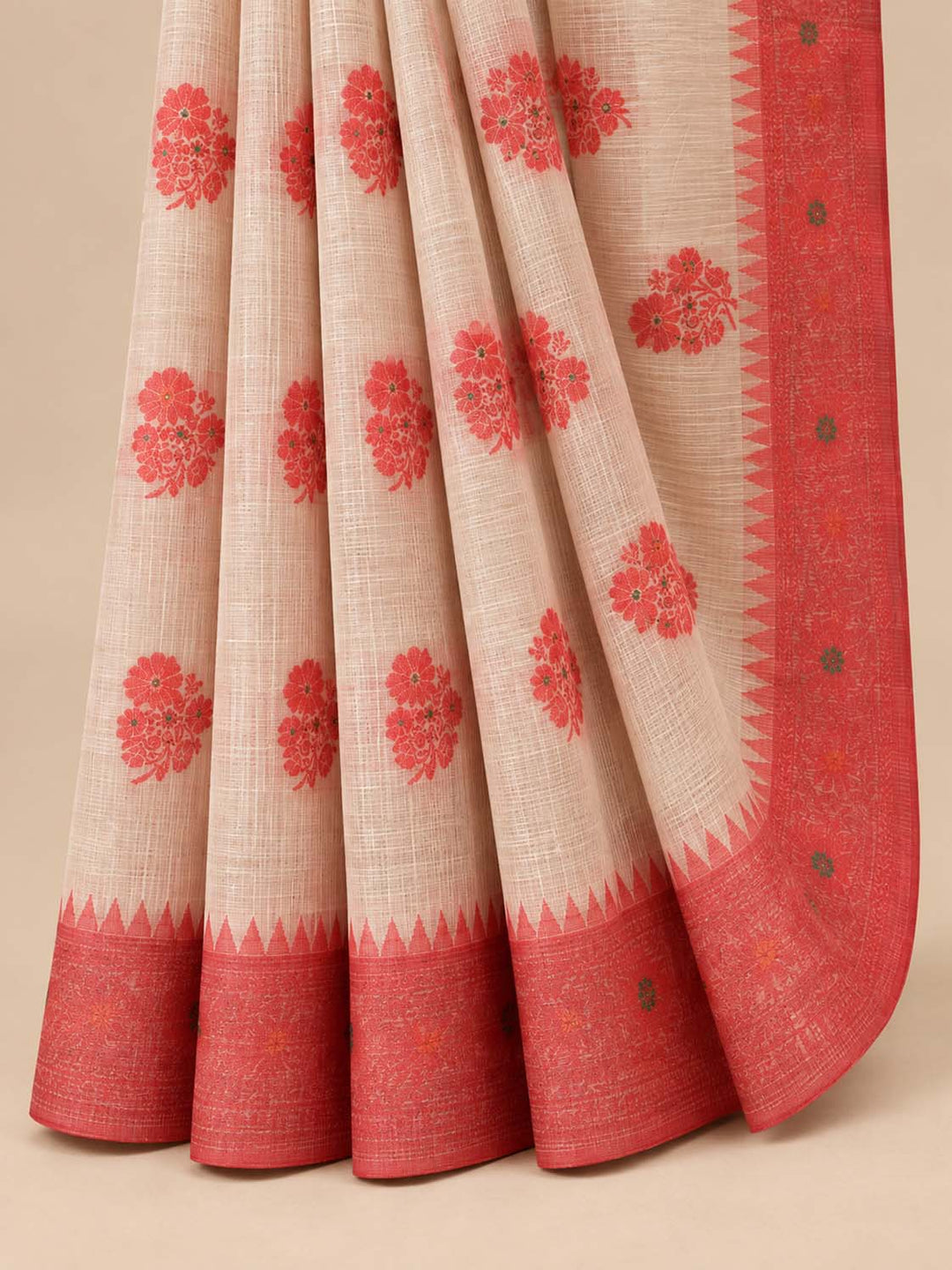 Beige Kota Saree With Red Floral Motifs