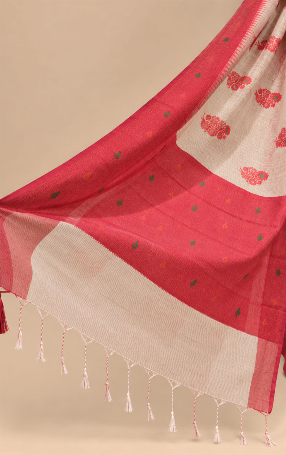 Beige Kota Saree With Red Floral Motifs
