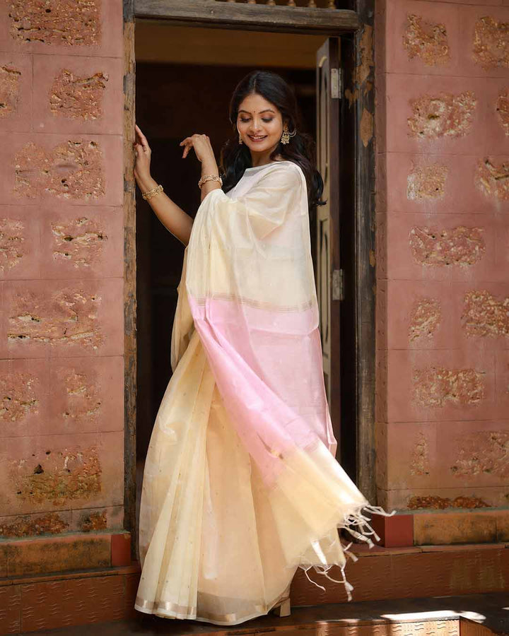 Cream and Pink Chanderi Saree
