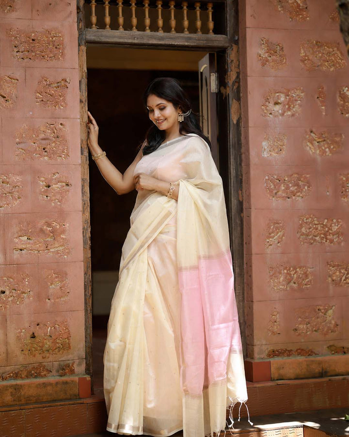 Cream and Pink Chanderi Saree