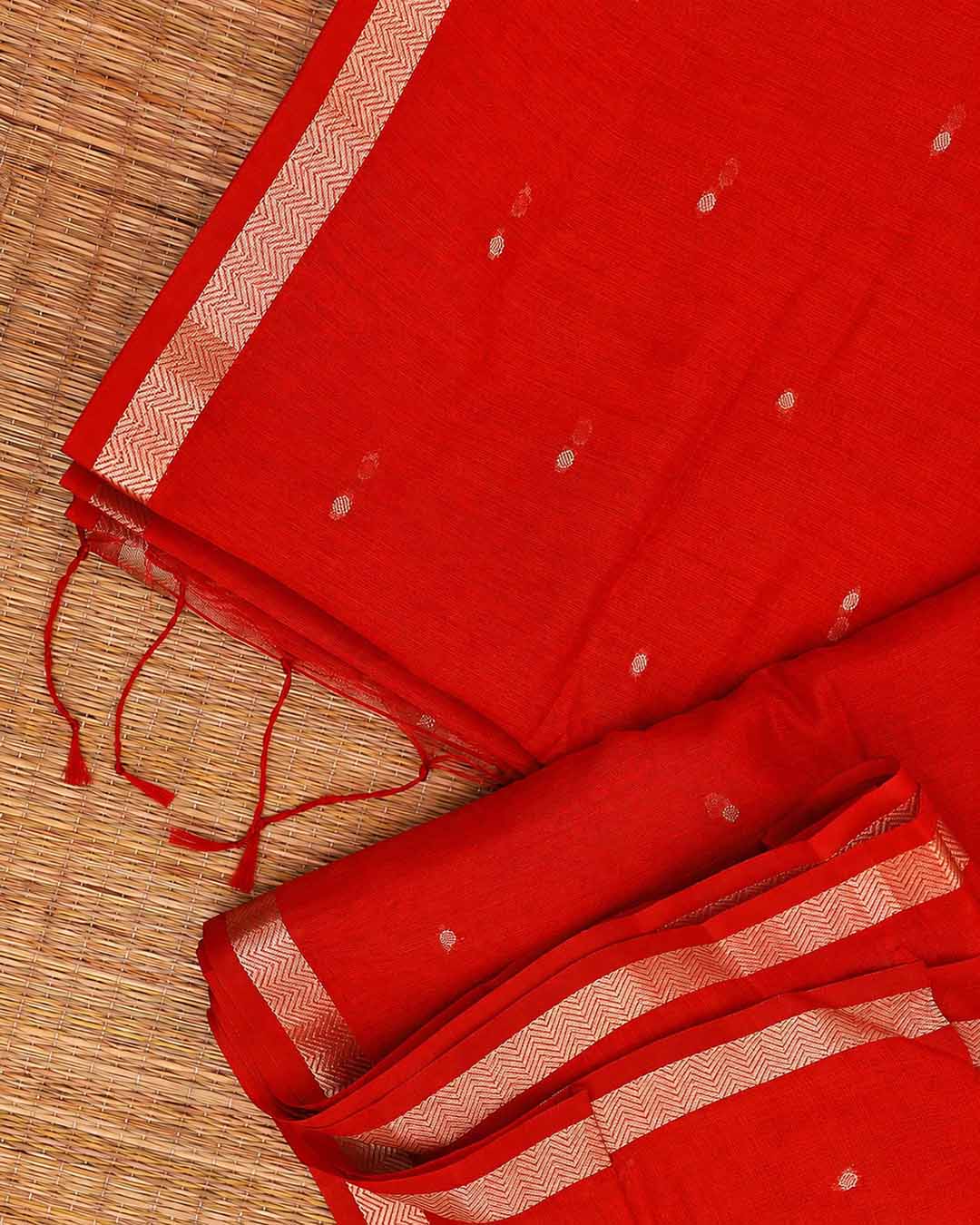 Red Chanderi Saree With Gold Buttas