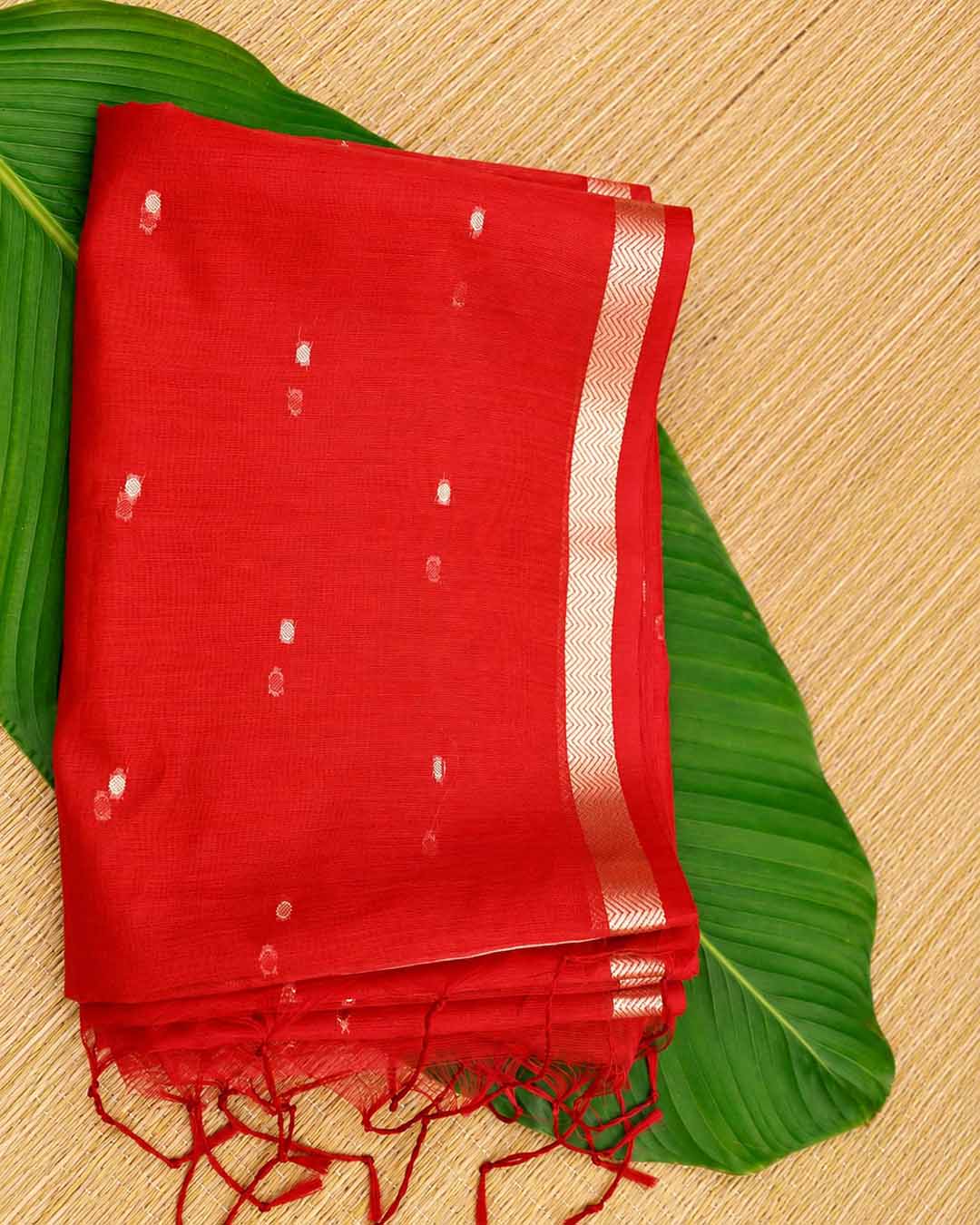 Red Chanderi Saree With Gold Buttas