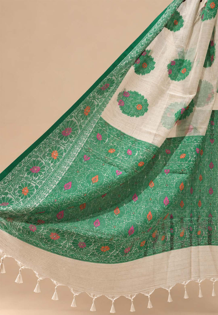 Beige Kota Saree With Green Floral Motifs