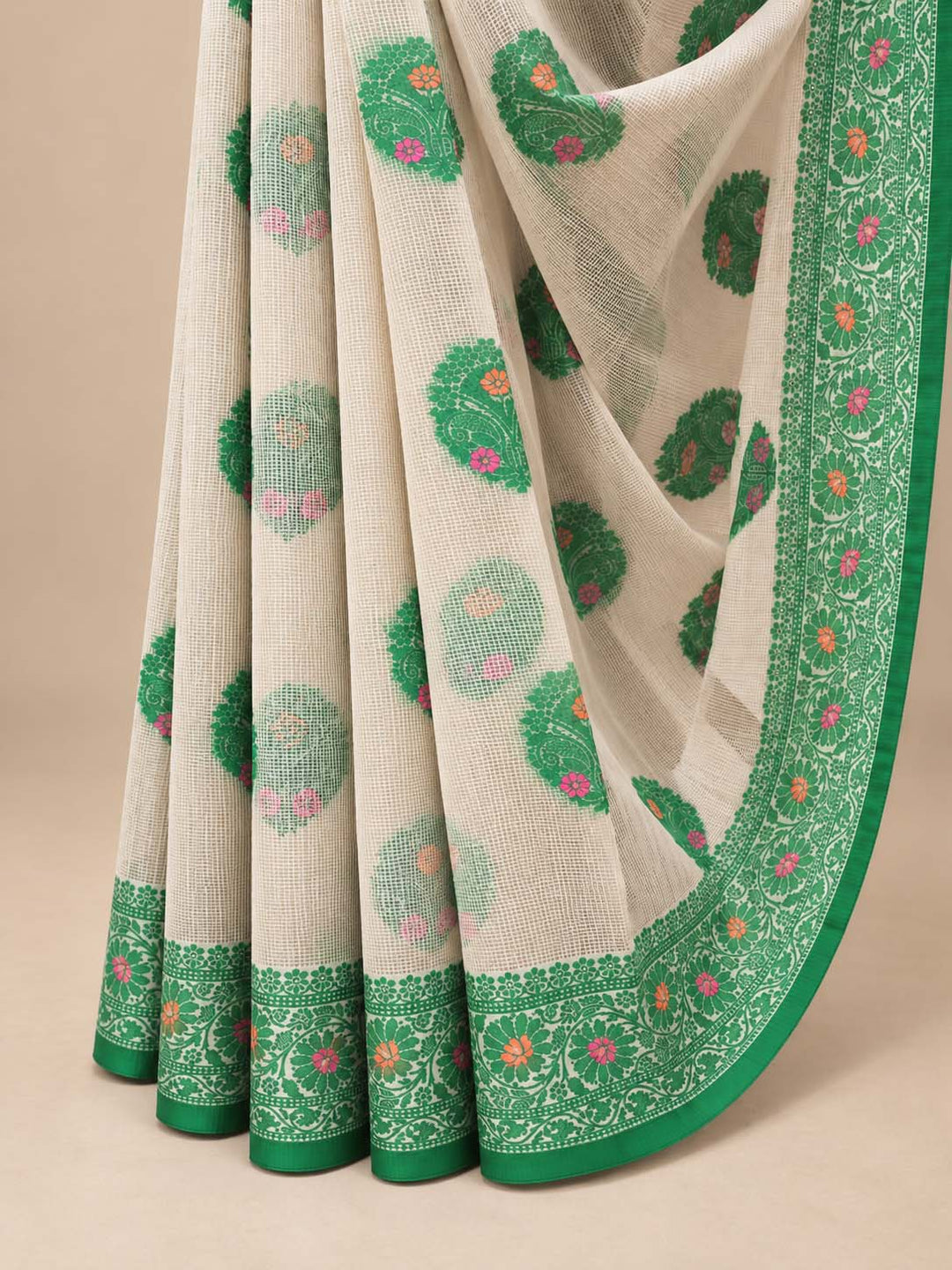 Beige Kota Saree With Green Floral Motifs