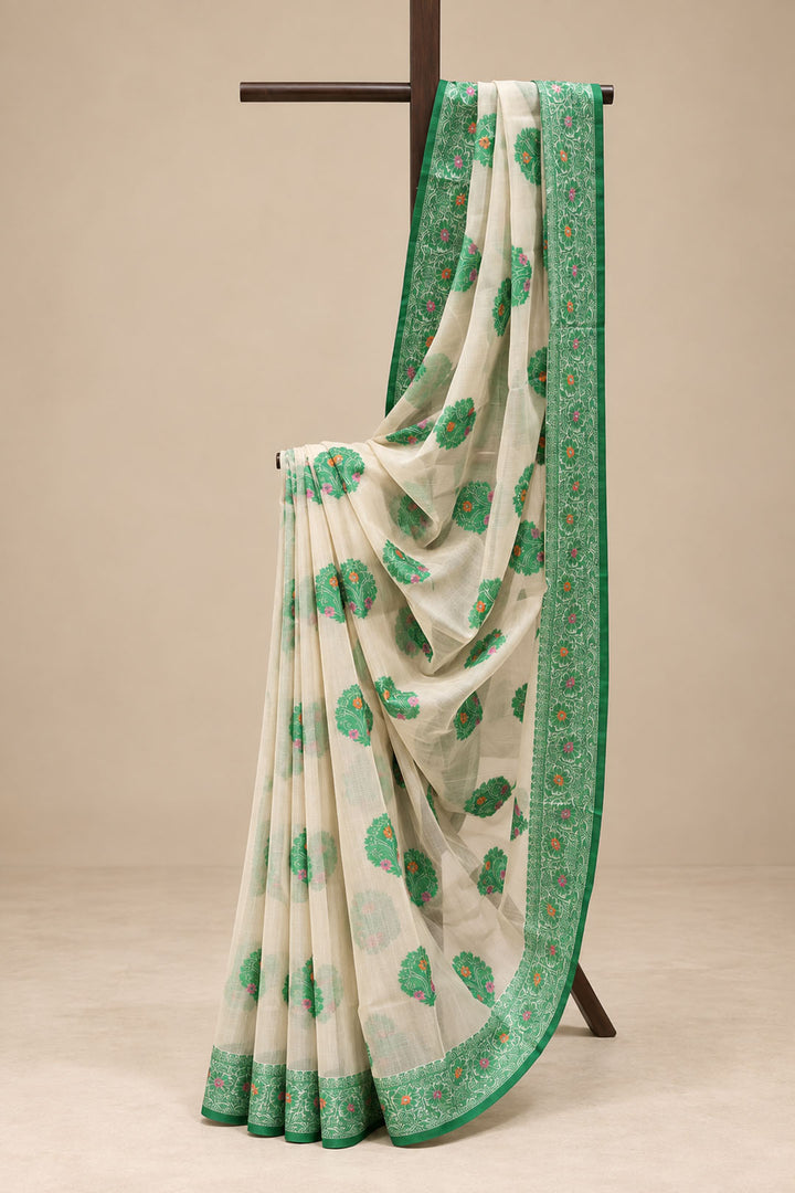 Beige Kota Saree With Green Floral Motifs
