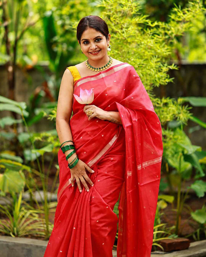 Red Chanderi Saree With Gold Buttas