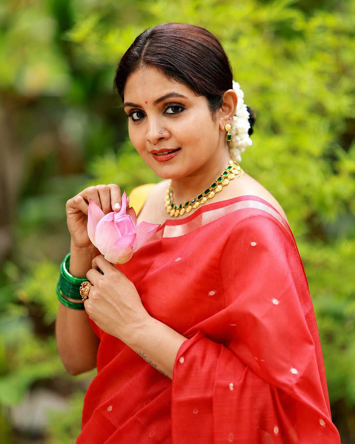 Red Chanderi Saree With Gold Buttas