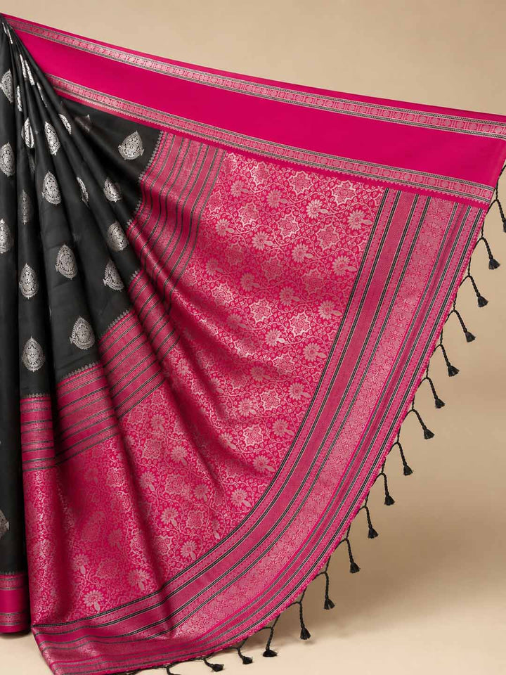 Black Semi Kanchivaram With Pink Border Saree