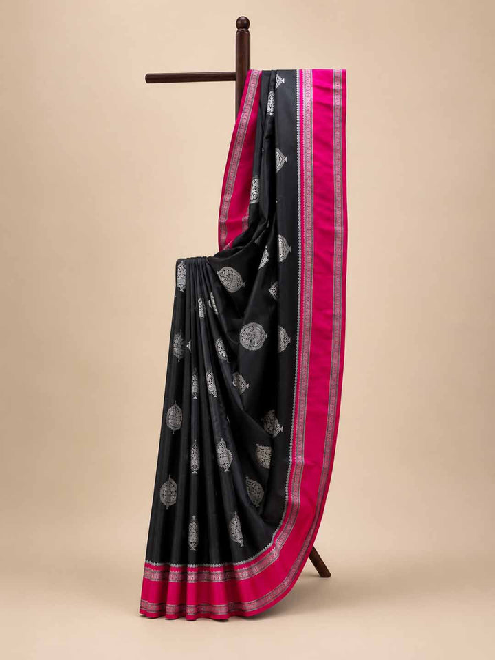 Black Semi Kanchivaram With Pink Border Saree