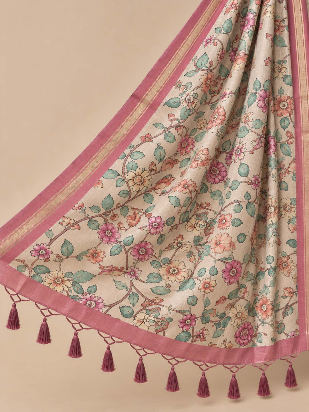 Beige And Pink Tussar Crape Border Saree