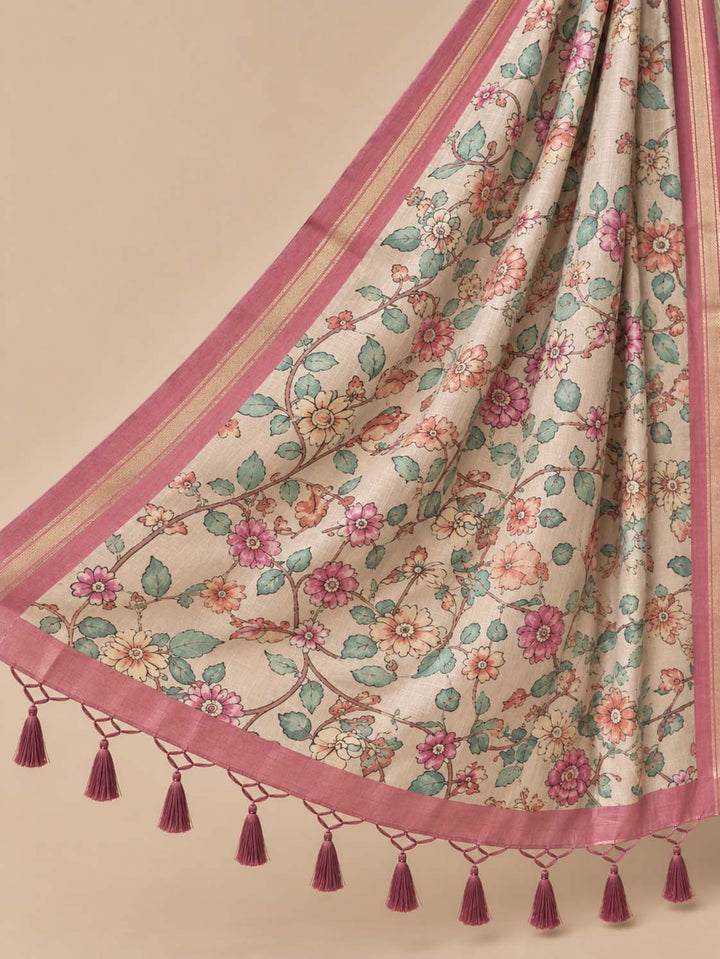 Beige And Pink Tussar Crape Border Saree