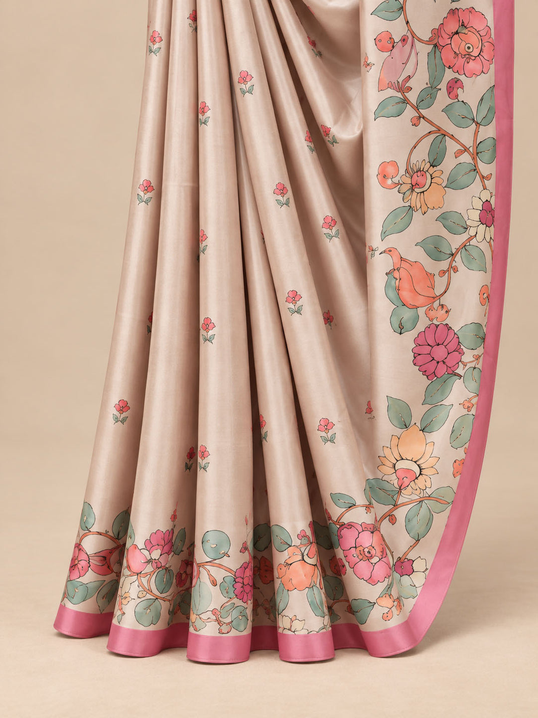 Beige And Pink Tussar Crape Border Saree