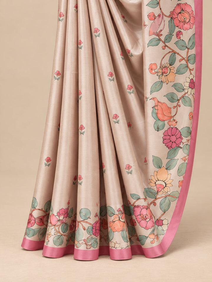 Beige And Pink Tussar Crape Border Saree