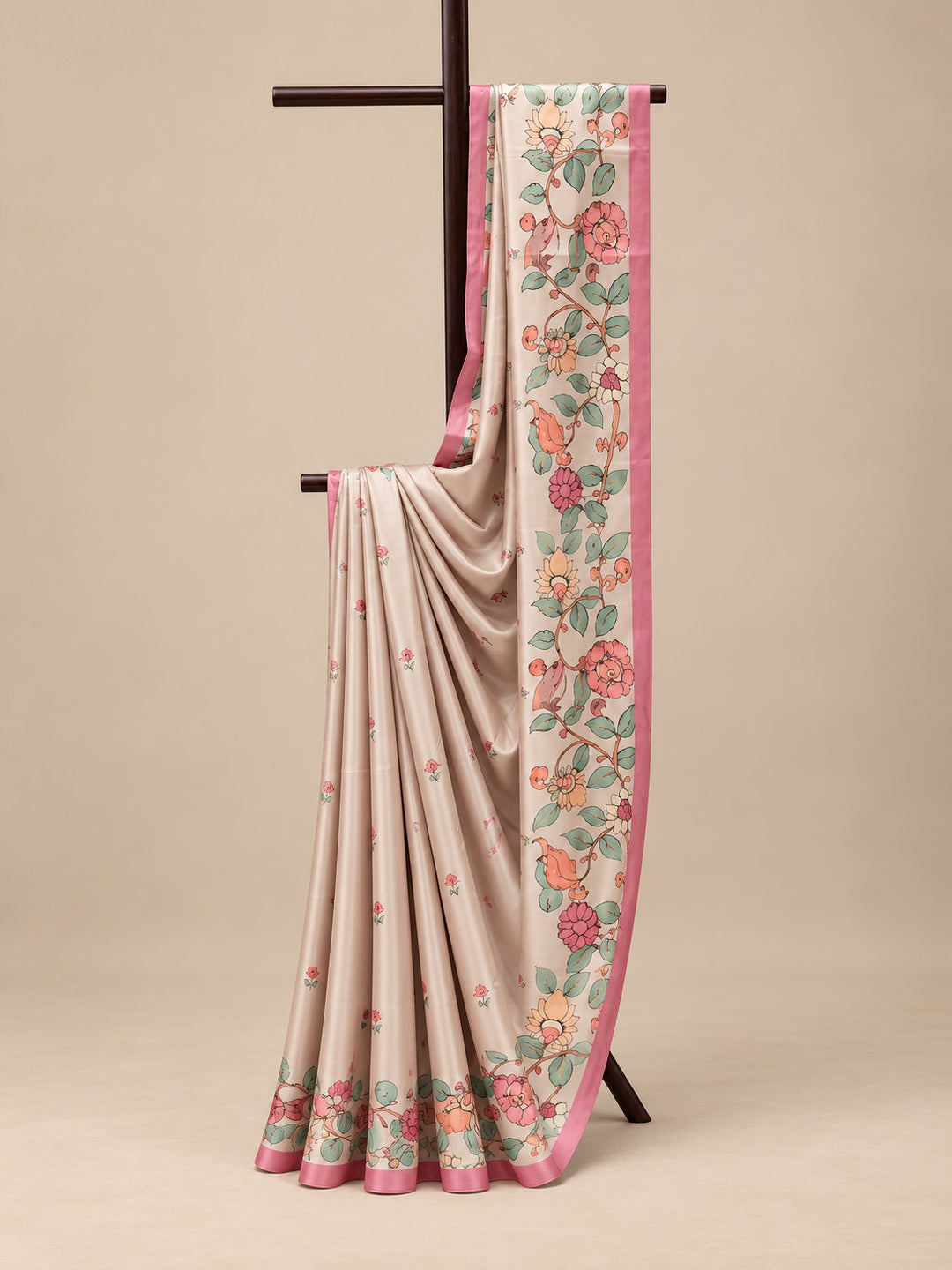 Beige And Pink Tussar Crape Border Saree