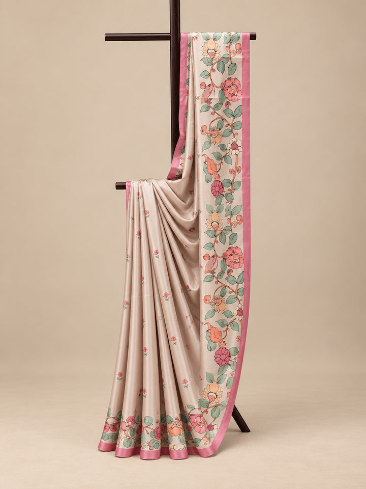 Beige And Pink Tussar Crape Border Saree