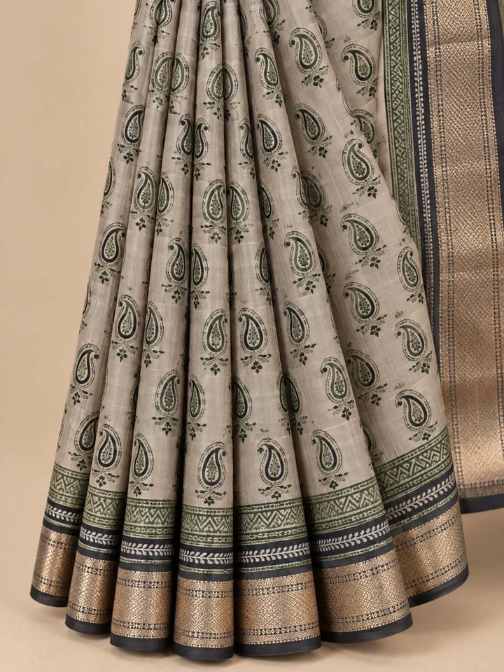 Beige Chanderi Cotton Saree With Green And Blue Prints