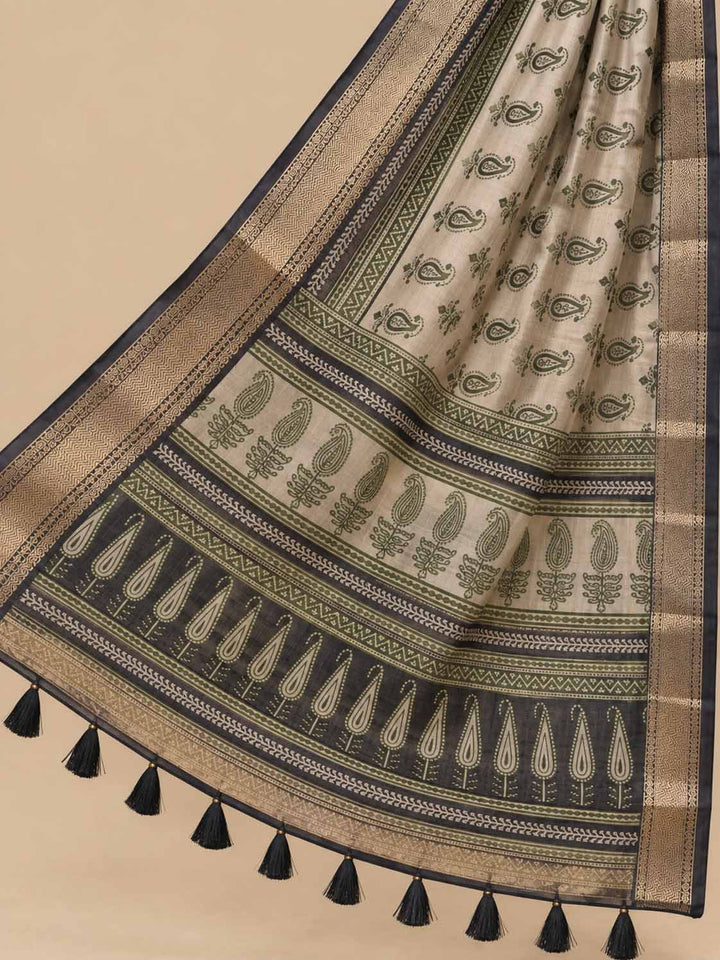 Beige Chanderi Cotton Saree With Green And Blue Prints