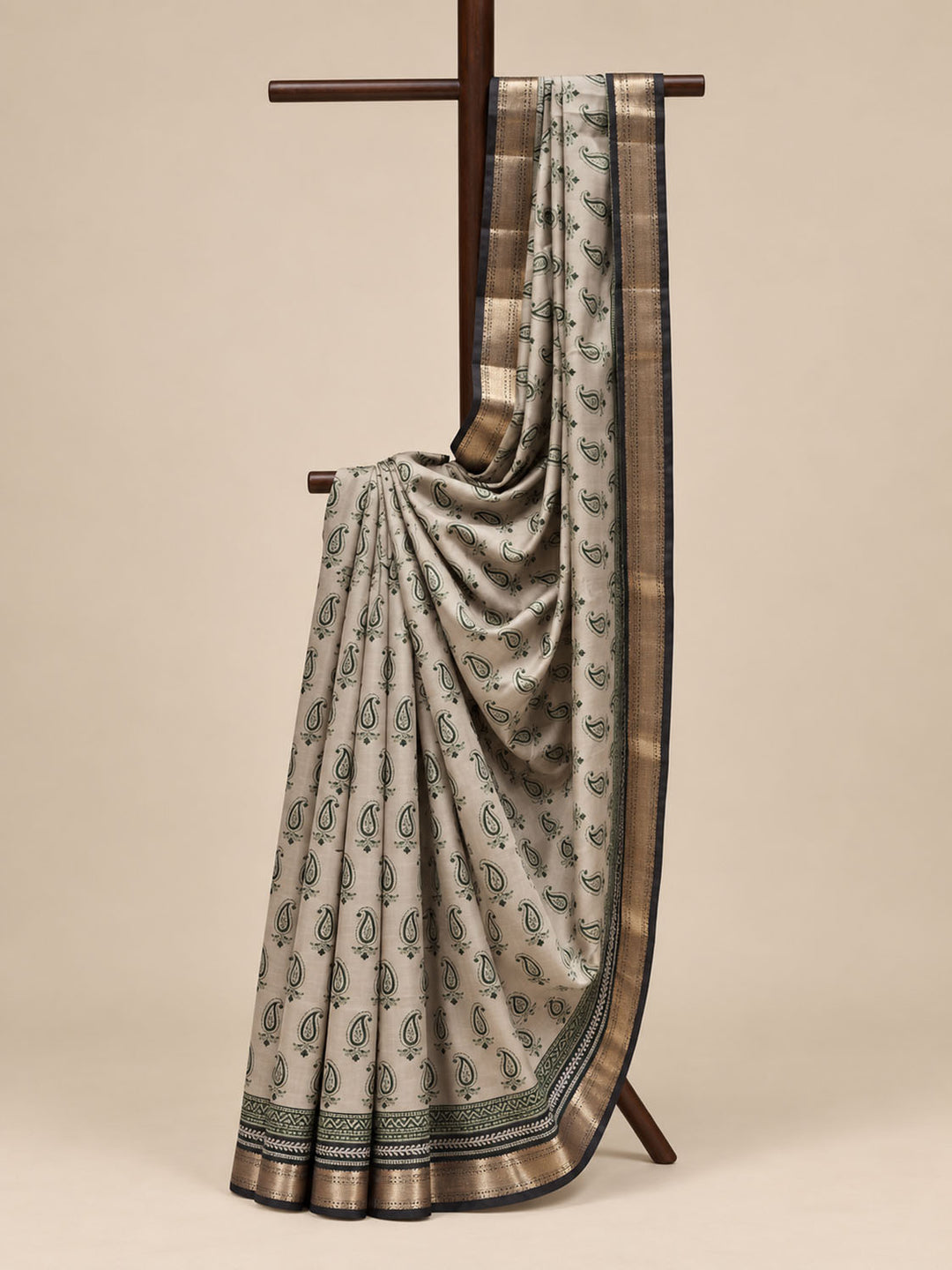 Beige Chanderi Cotton Saree With Green And Blue Prints