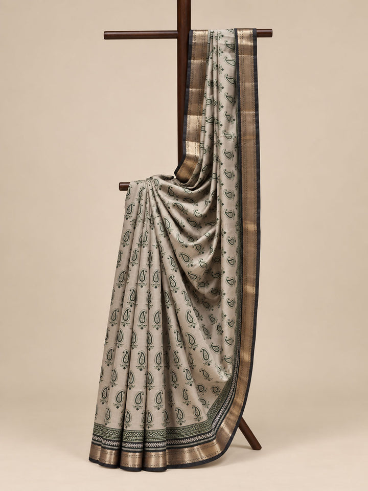 Beige Chanderi Cotton Saree With Green And Blue Prints