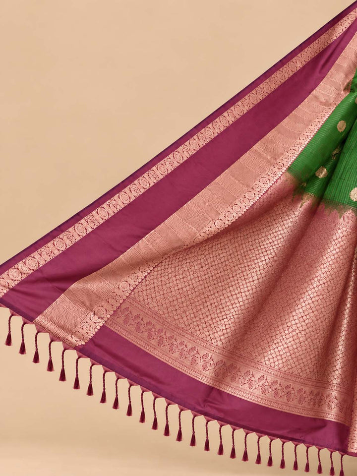 Green Semi Kanchivaram With Burgundy Border Saree