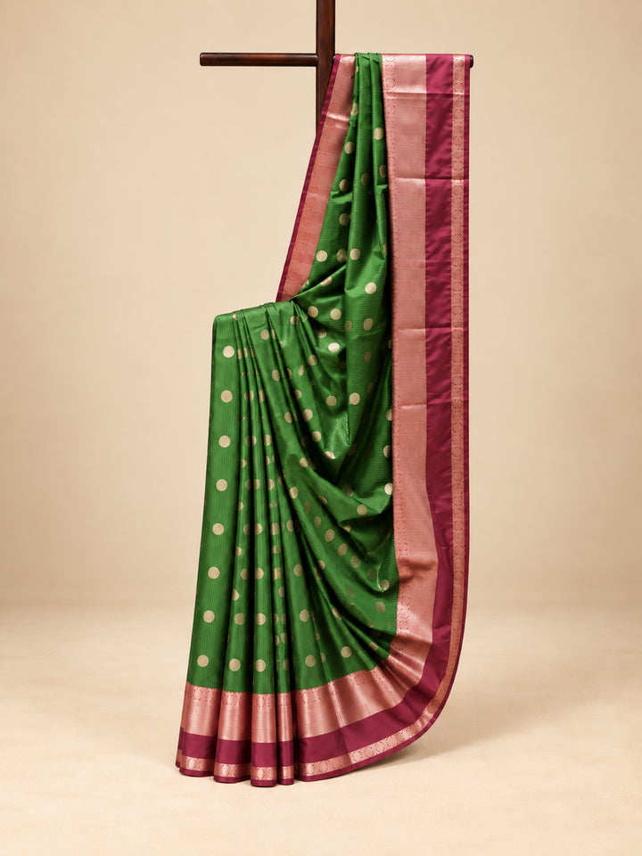 Green Semi Kanchivaram With Burgundy Border Saree