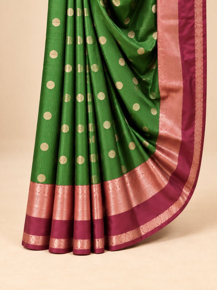 Green Semi Kanchivaram With Burgundy Border Saree