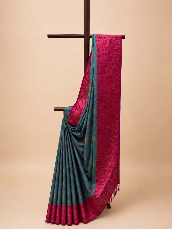 Grey Semi Kanchivaram Saree With Magenta Border Saree