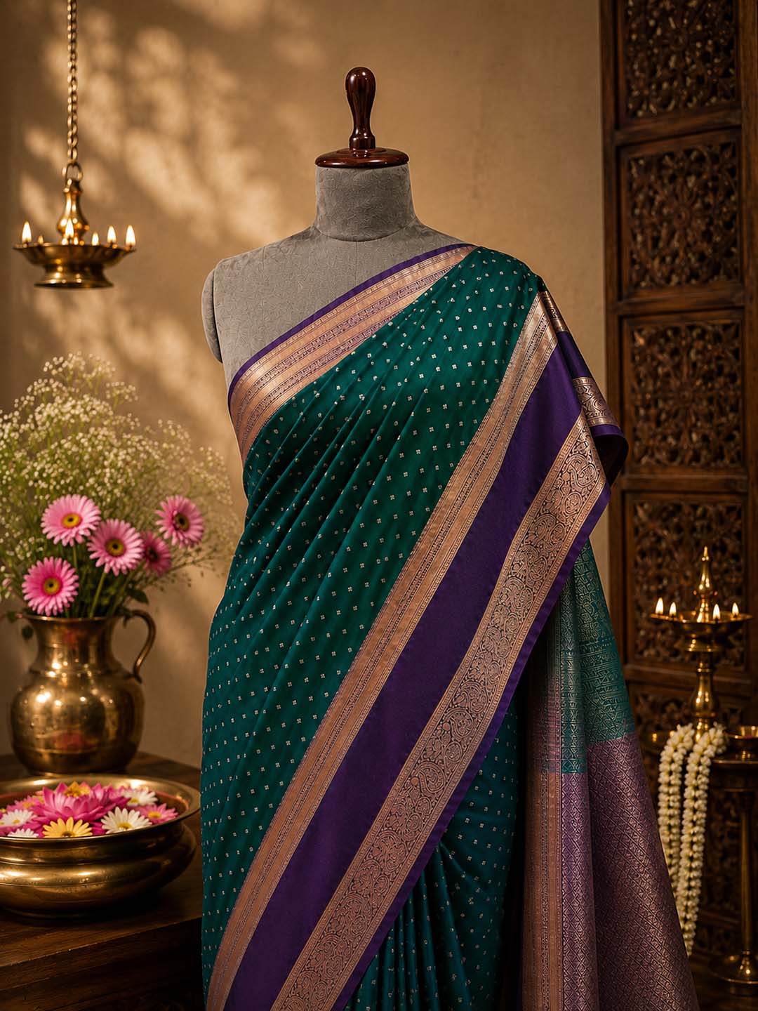 Green Semi Kanchivaram Saree With Purple Border Saree