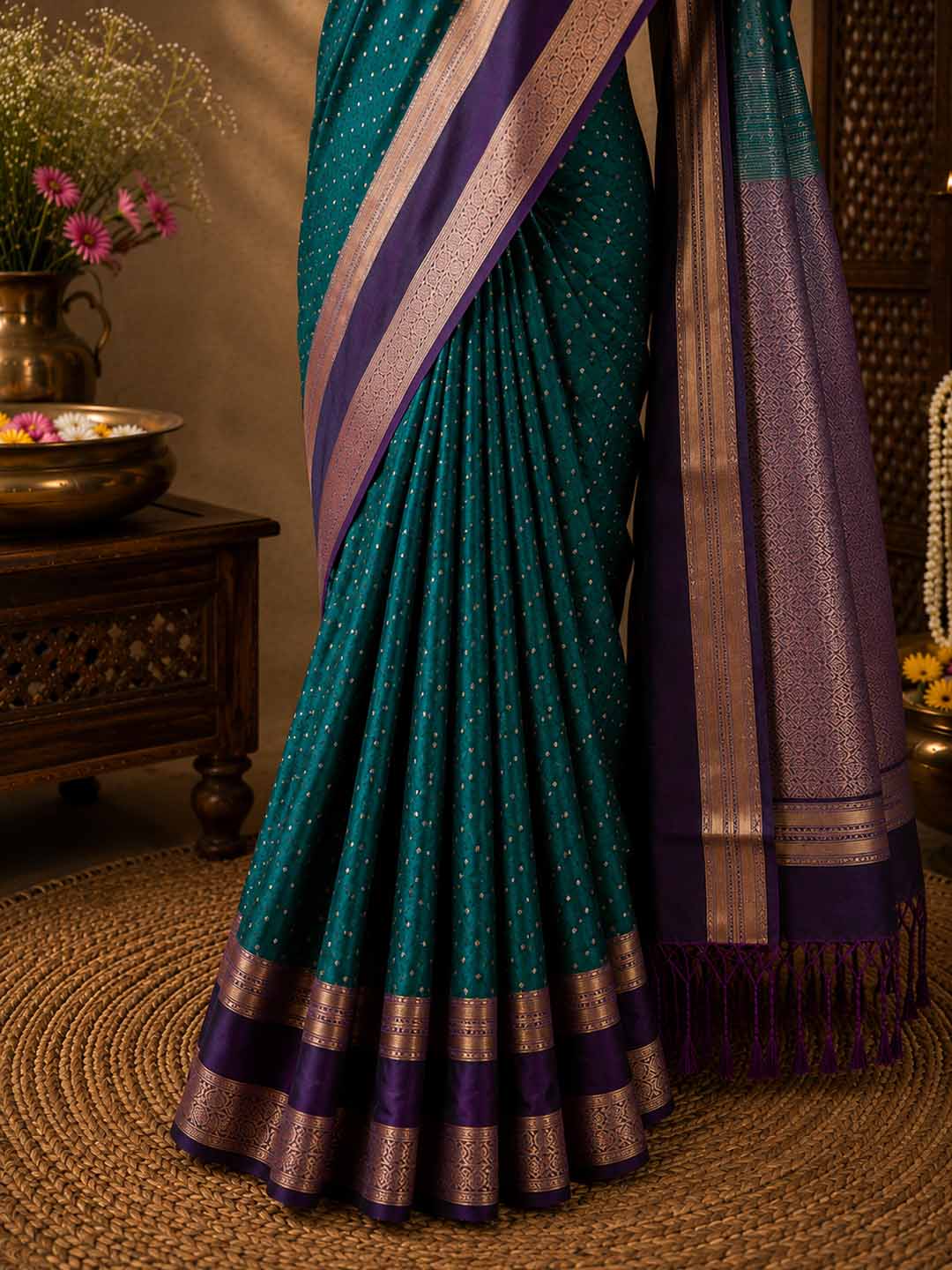 Green Semi Kanchivaram Saree With Purple Border Saree