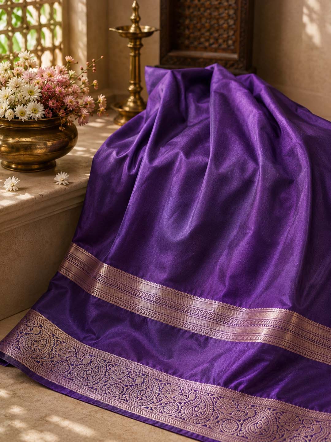 Green Semi Kanchivaram Saree With Purple Border Saree