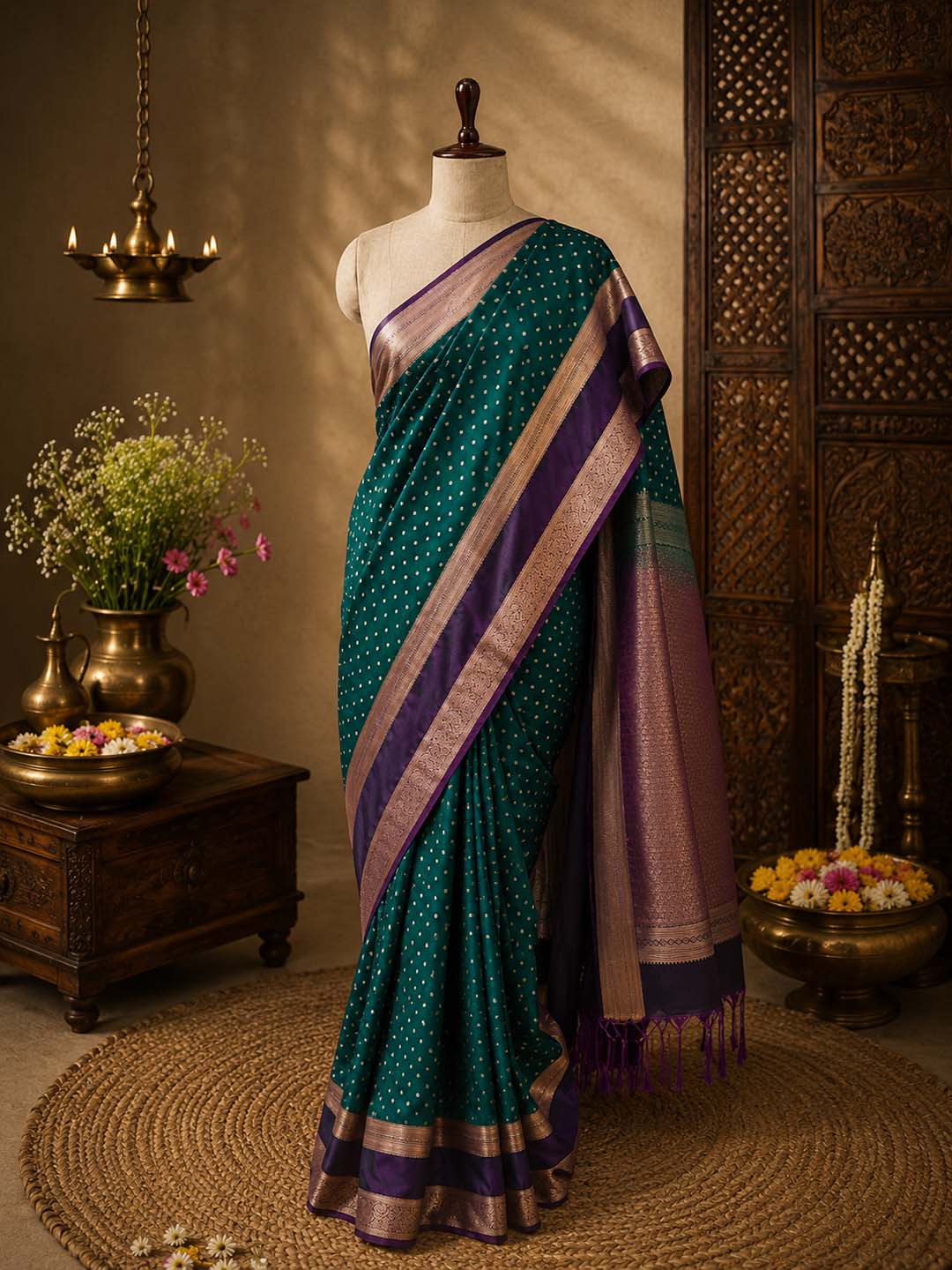 Green Semi Kanchivaram Saree With Purple Border Saree