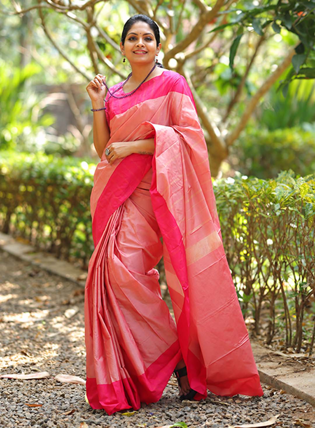 Pink Semi Kanchivaram Saree With Fuschia Pink Border