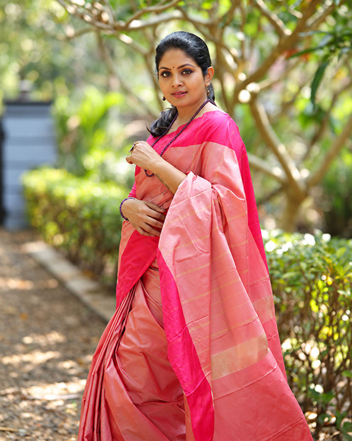 Pink Semi Kanchivaram Saree With Fuschia Pink Border