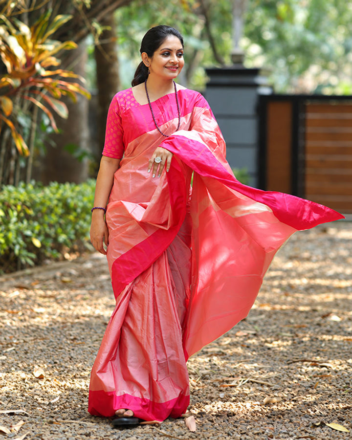 Pink Semi Kanchivaram Saree With Fuschia Pink Border