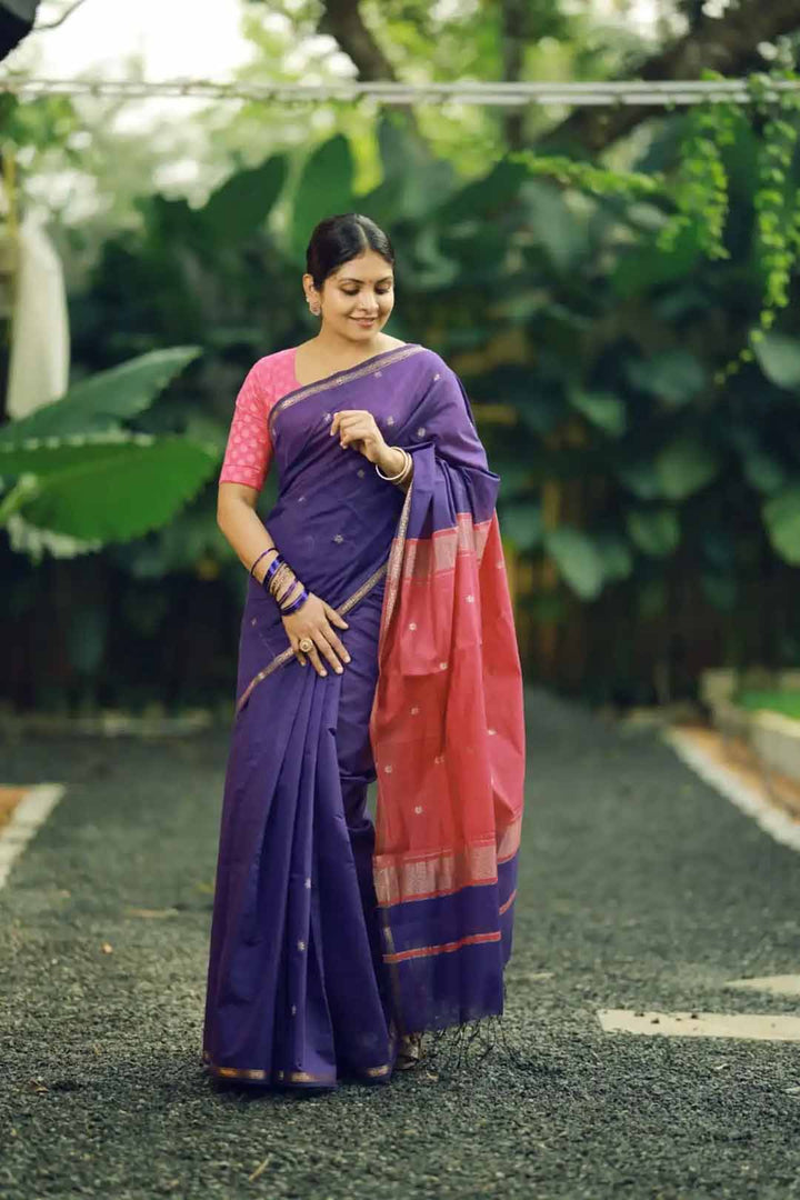 Purple Chanderi Saree With Pink Border