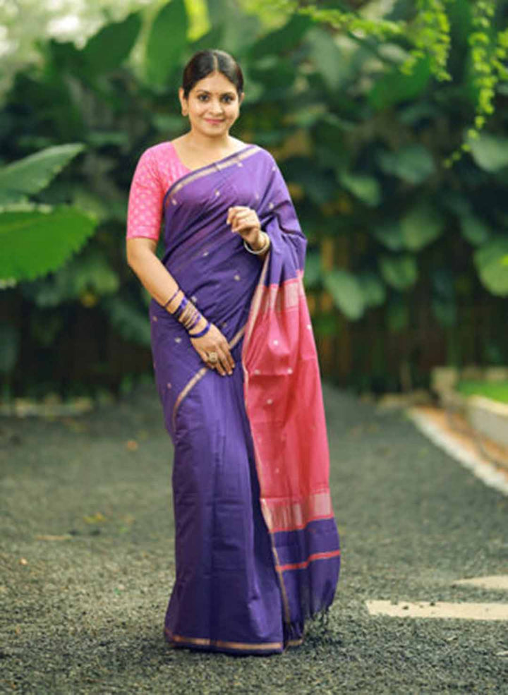 Purple Chanderi Saree With Pink Border