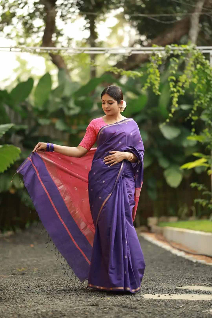 Purple Chanderi Saree With Pink Border