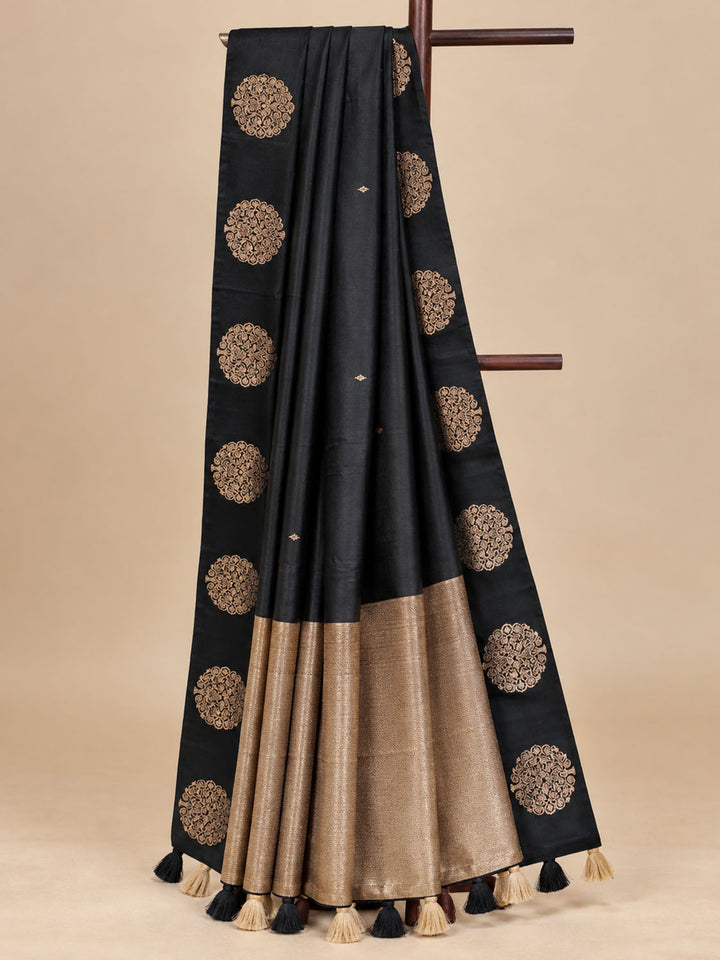Black Satin Silk Saree With Butta Border