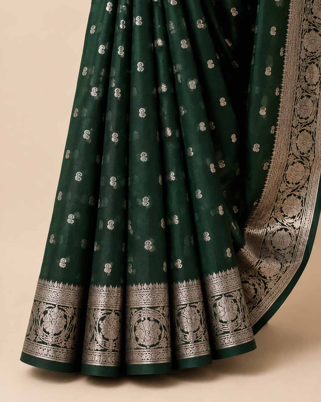 Bottle Green Saree With Mango Buttas