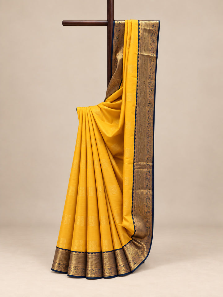 Mustard Semi Kachivaram Saree With Dull Blue Border