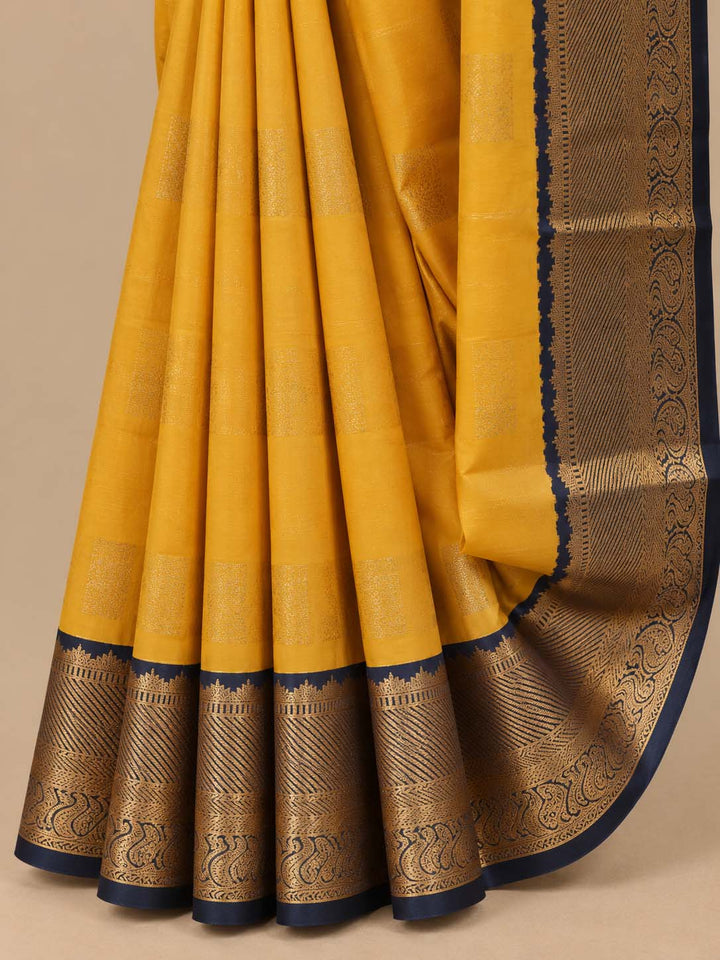 Mustard Semi Kachivaram Saree With Dull Blue Border
