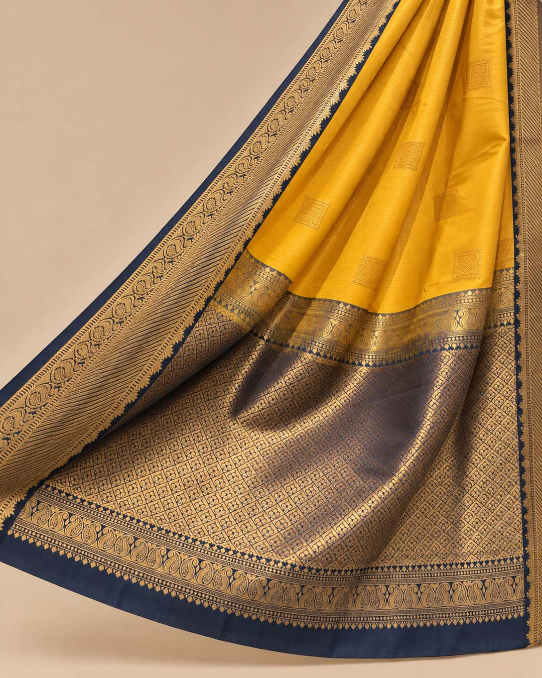 Mustard Semi Kachivaram Saree With Dull Blue Border