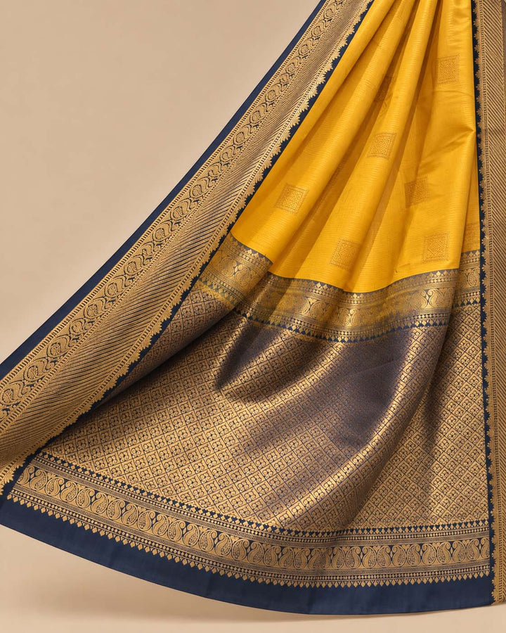 Mustard Semi Kachivaram Saree With Dull Blue Border