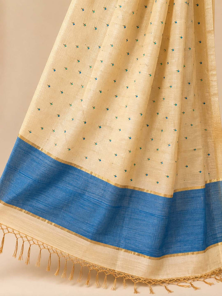 Beige Semi Chanderi With Blue Floral Embroidery Saree