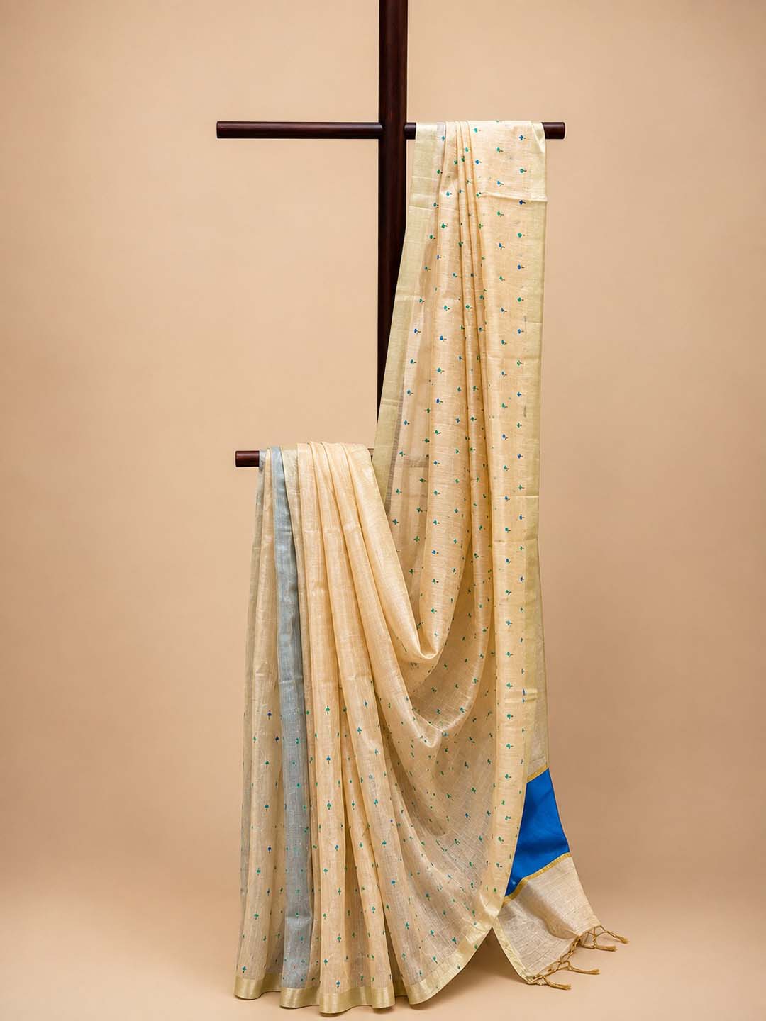 Beige Semi Chanderi With Blue Floral Embroidery Saree
