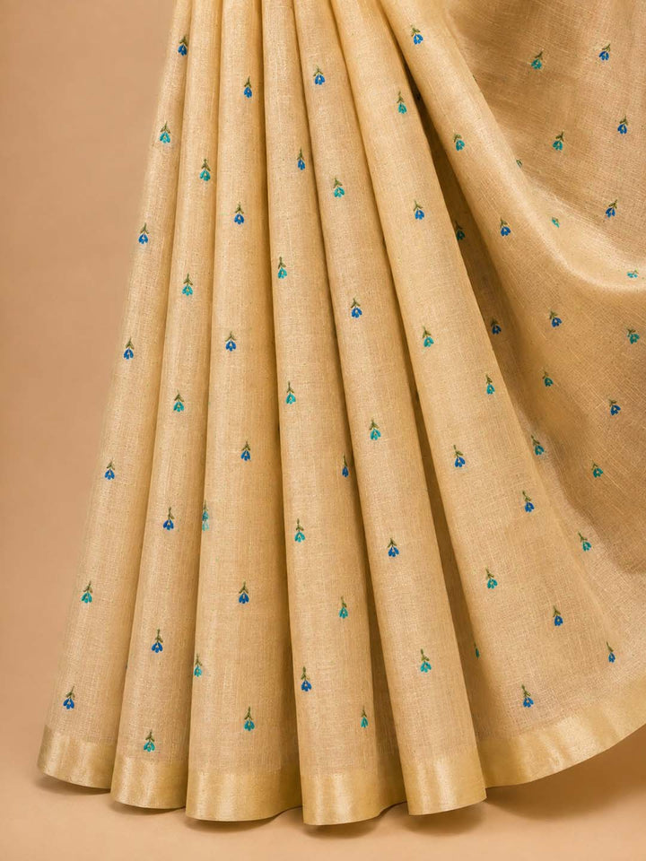 Beige Semi Chanderi With Blue Floral Embroidery Saree