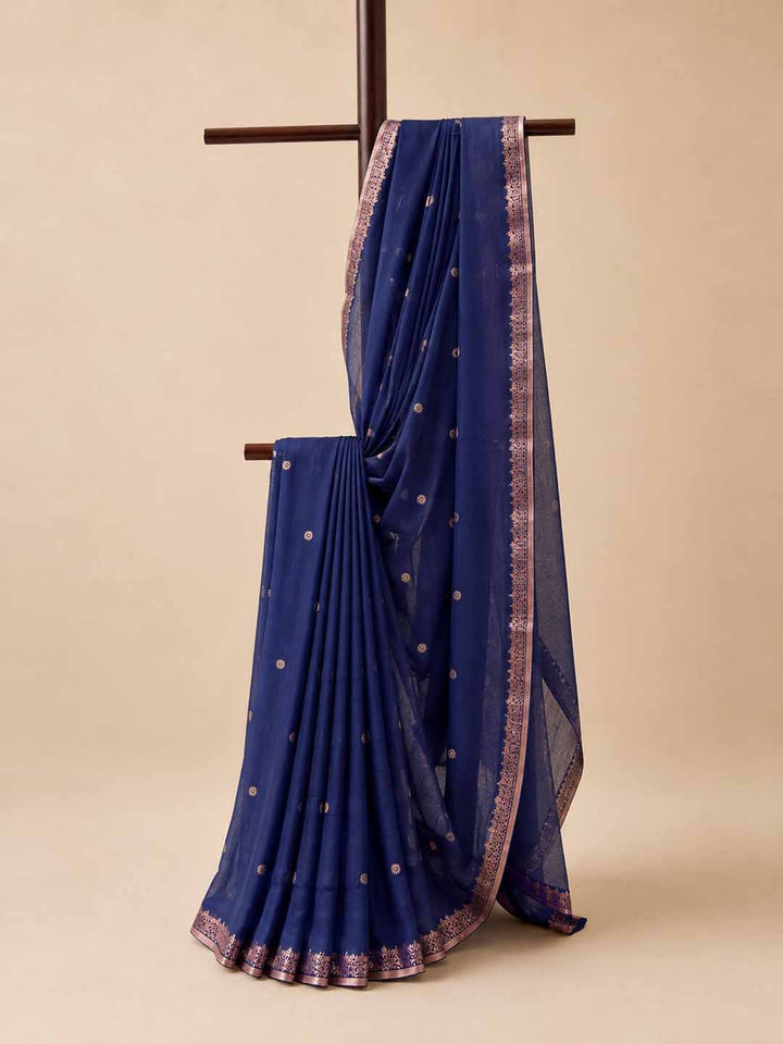 Navy Blue Cotton Saree With Buttas